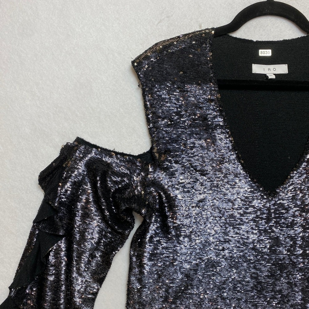 IRO Cold Shouder Top Womens Size 36 Black Sequin Ruffle Sleeve V-Neck - Picture 5 of 9